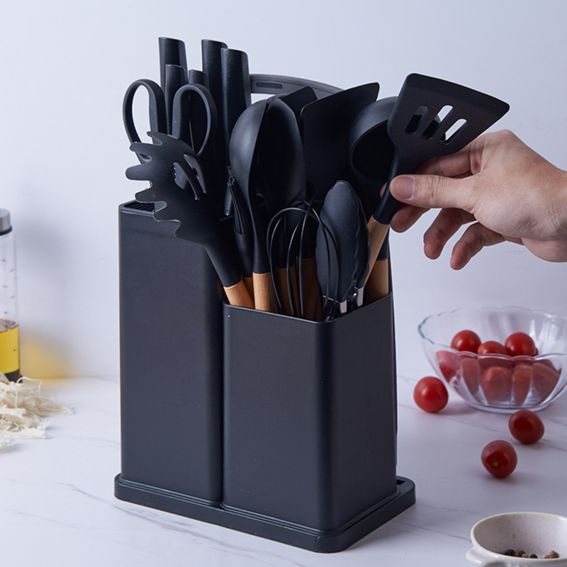 Kit Cozinha 19 Pçs Utensilios e Jogo de Facas Silicone e Madeira