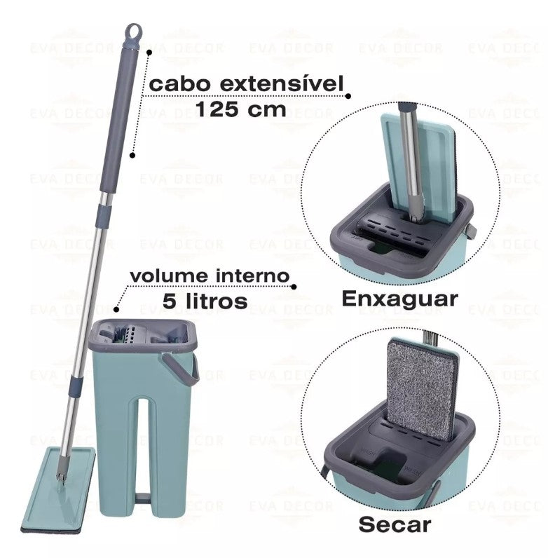 Mop Flat Rodo Multiuso Esfregão + 5 Refis Extras