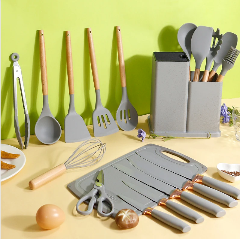 Kit Cozinha 19 Pçs Utensilios e Jogo de Facas Silicone e Madeira