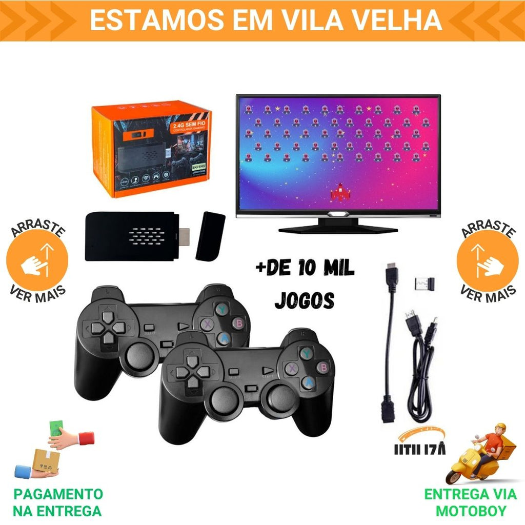 Videogame Game Stick 10000 Jogos Retro Classicos + 2 Controles Sem Fio