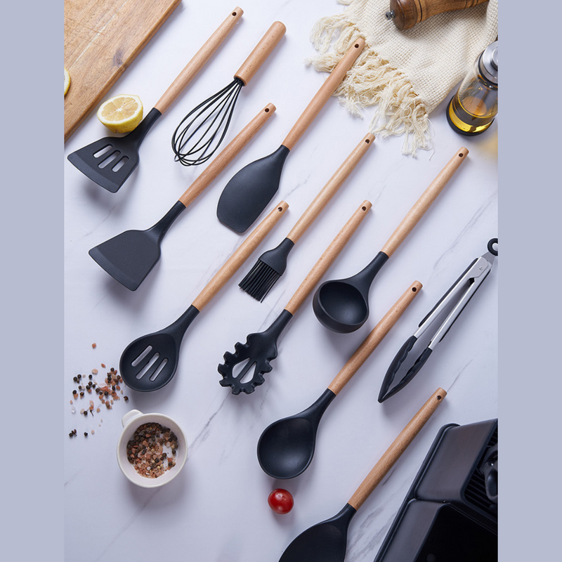 Kit Cozinha 19 Pçs Utensilios e Jogo de Facas Silicone e Madeira