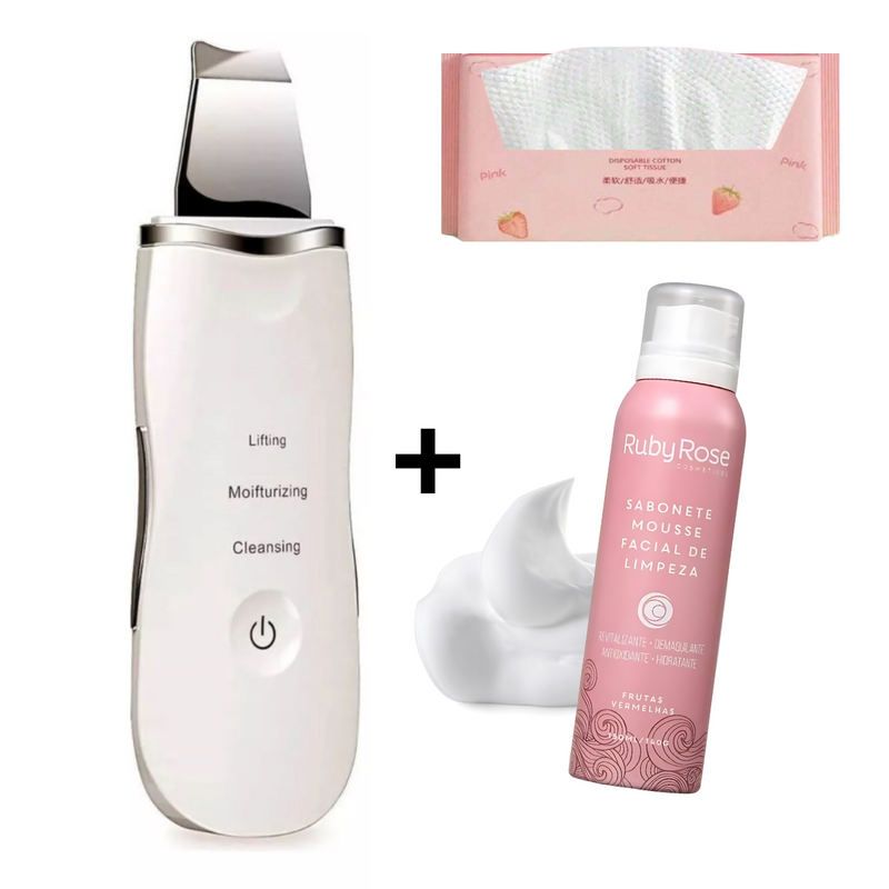 Kit Limpeza Suave: Aparelho Ultrassônico + Mousse de Limpeza + Toalhas Multiuso