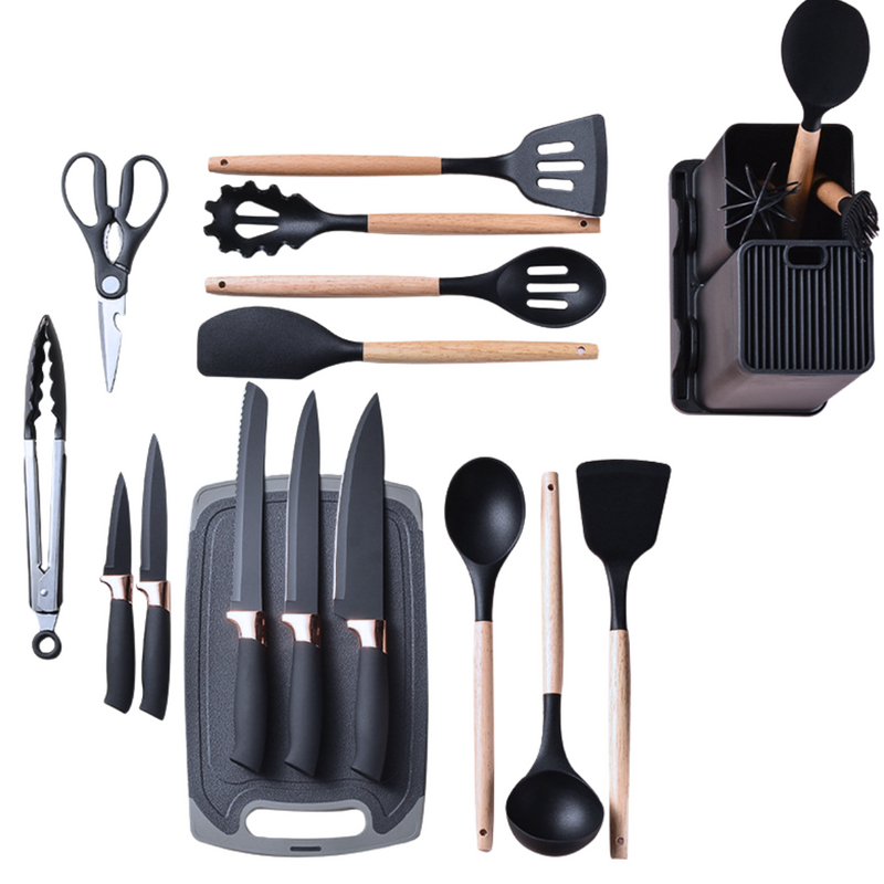 Kit Cozinha 19 Pçs Utensilios e Jogo de Facas Silicone e Madeira