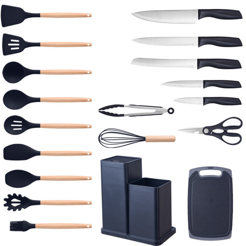 Kit Cozinha 19 Pçs Utensilios e Jogo de Facas Silicone e Madeira