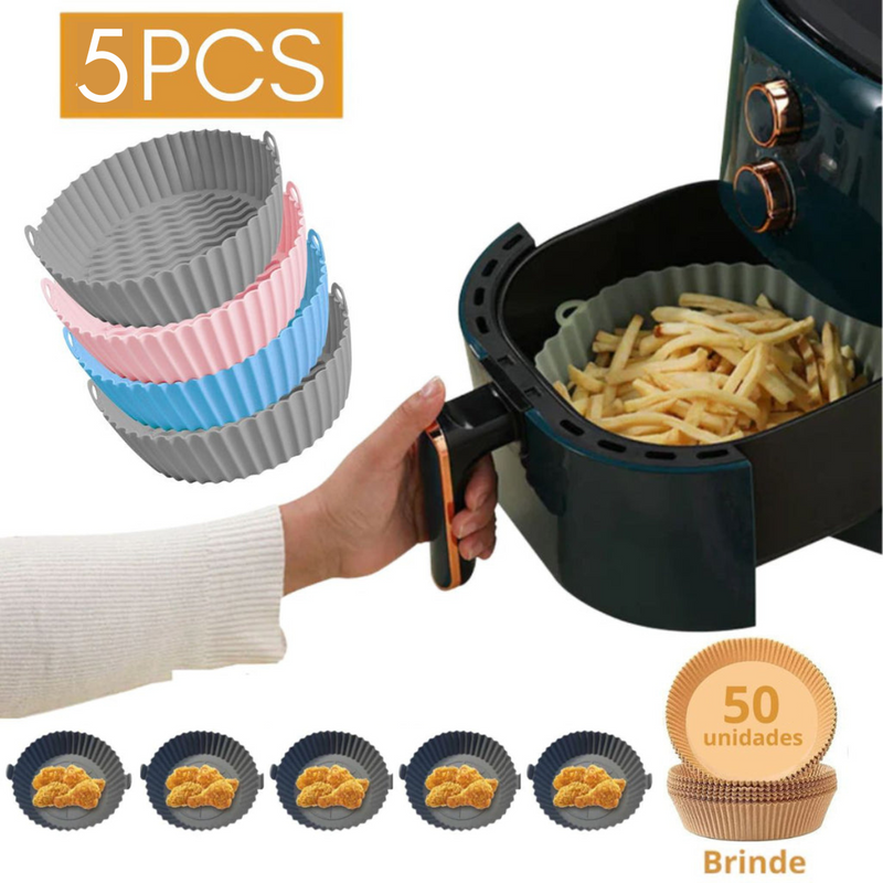 Forma de Silicone para Air Fryer Redonda Kit com 5 Formas Silicone + 50un Descartável