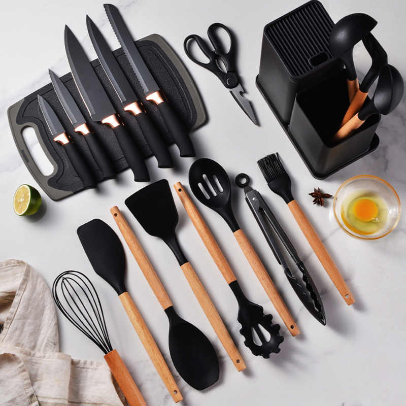 Kit Cozinha 19 Pçs Utensilios e Jogo de Facas Silicone e Madeira